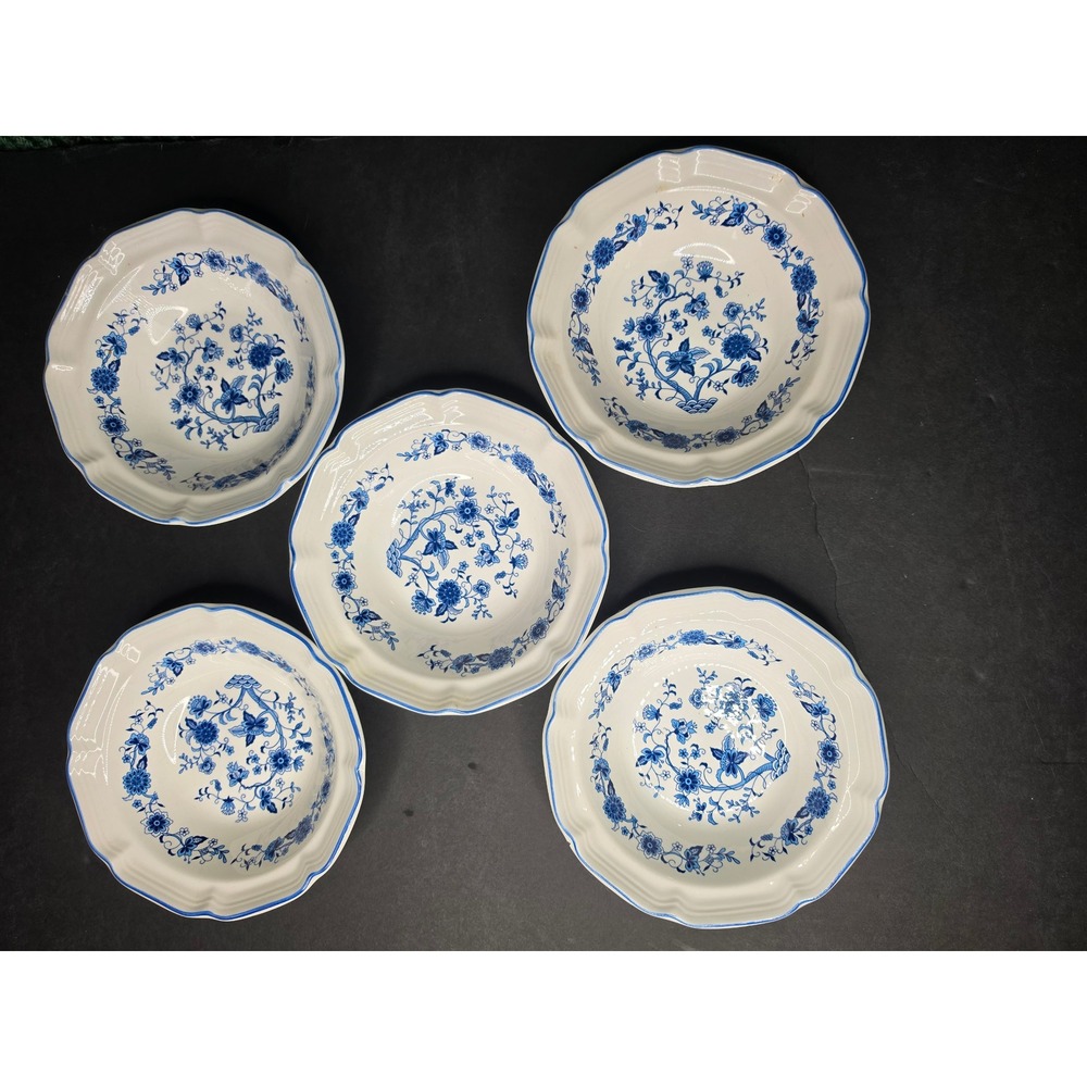 Hankook Seine Blue Korea Set 5 Rim Cereal Bowls 5.75" Scalloped Blue Onion Style